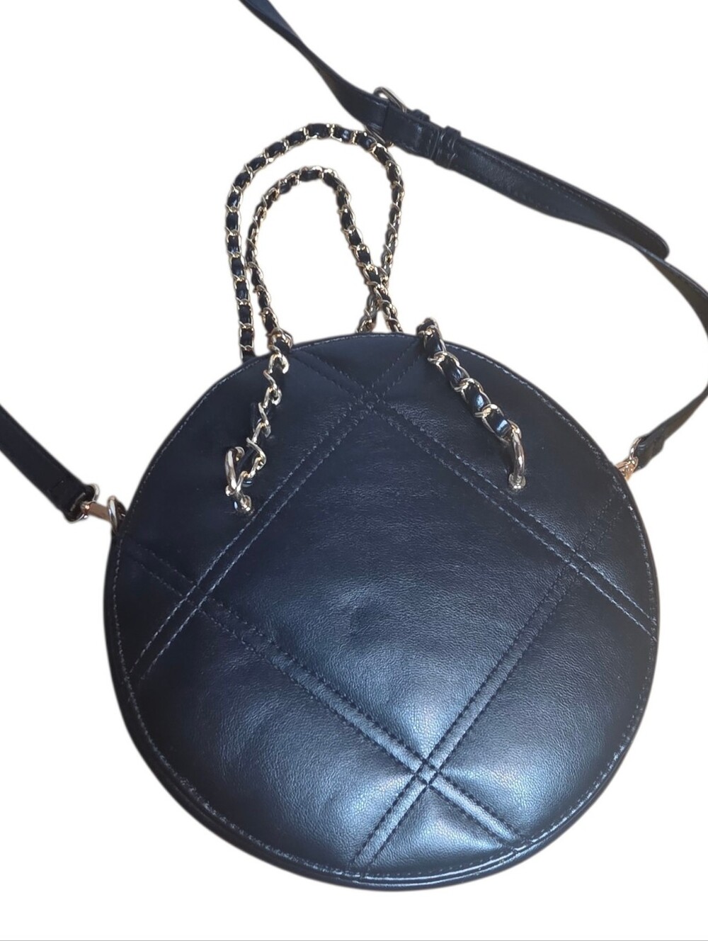 Round Purse Bag Black Gold Tone Hardware Vintafe Crossbody Handbag